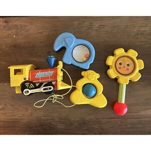 Vintage Fisher Price Toys Lot of‎ 4 Train, Monkey, Elephant, and Flower